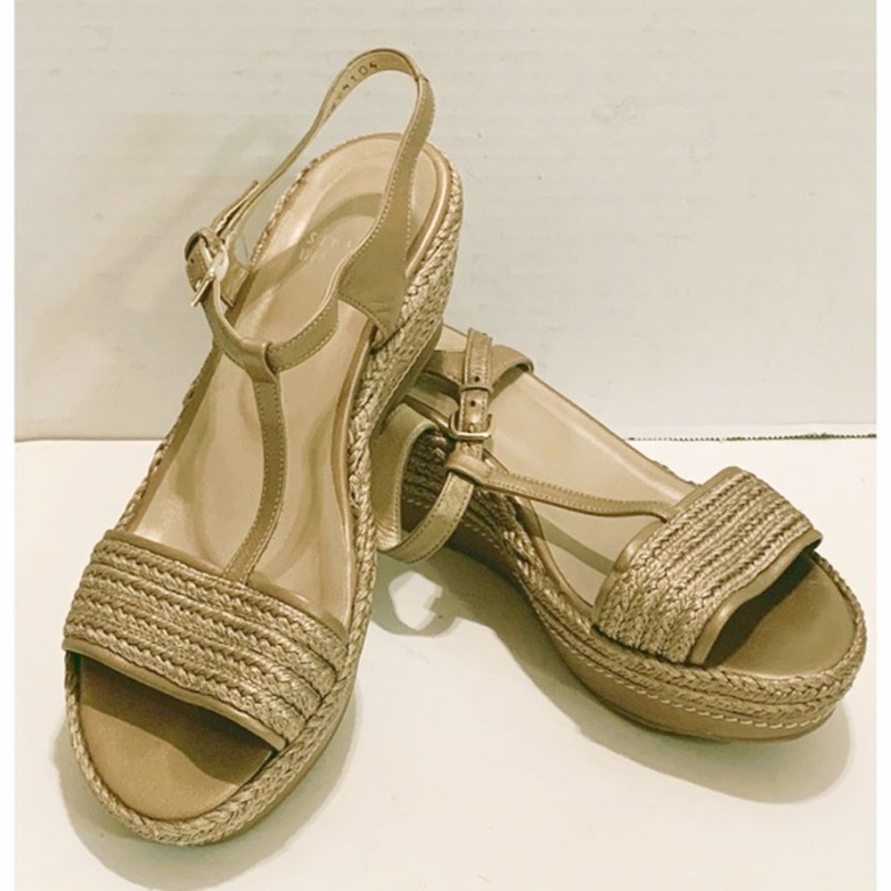 STUART Weitzman Old Gold Raffia Platform Sandal 7M Like New Wedge Sandals